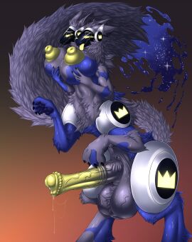 2_heads absurd_res animal_genitalia animal_penis anthro areola balls big_areola big_balls big_breasts big_nipples blue_body bodily_fluids breasts clothing digital_media_(artwork) equine_genitalia equine_penis erection franz fur genital_fluids genitals goo_creature grey_body herm hi_res huge_breasts huge_nipples hybrid intersex machine mirapony multi_head nipples penis protogen protogen_taur protogen_visor simple_background smile solo sweat tail taur thick_thighs tongue vein veiny_balls veiny_penis