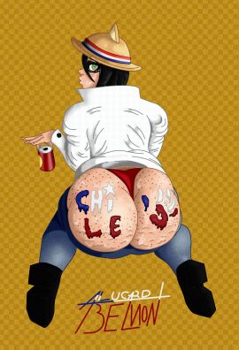 1girls alu-chan alucard_belmont artist_signature ass bare_ass bbw beer beer_can big_ass big_butt bikini_bottom black_hair bodypaint cellulite chile chilean_flag female female_only freckles freckles_on_ass glasses green_eyes jeans looking_at_viewer pants_down plump pov short_hair simple_background simple_shading sole_female spank_marks straw_hat sweating textless textless_version