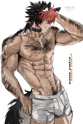 barely_clothed black_hair body_hair bulge bulge_through_clothing choker dog_ears gay hairy happy_trail komano_manato male male_only muscular muscular_male necklace pubic_hair red_hair simple_background solo sweat sweatdrop tail underwear underwear_only white_background yaoi zenless_zone_zero