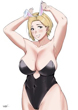 1girls absurd_res armpits big_breasts blonde_hair breasts bunny_ears bunny_girl bunnysuit cleavage female female_only hi_res mature mature_female milf n0n_001 original solo solo_female