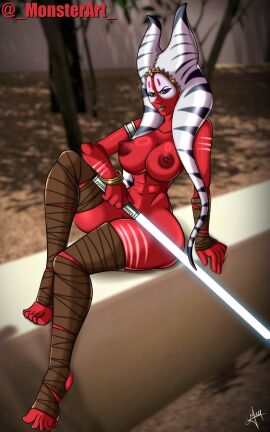 1girls 2024 2d abs alien alien_girl arm_ring ass background bandage bandaged_leg big_breasts breasts color completely_nude female female_only forest jedi lightsaber looking_at_viewer monsterart necklace nipples nude nude_female pose red_body shaak_ti shiny shiny_skin sitting solo solo_female star_wars star_wars:_the_force_unleashed stirrup_legwear sword text toes togruta watermark weapon white_lightsaber