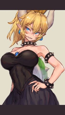 1girls armlet black_dress blonde_hair blue_eyes bowsette bracelet breasts collar crown dress earrings female guchico_(guchico77) hand_on_own_hip horns jewelry mario_(series) sharp_teeth sketch spiked_armlet spiked_bracelet spiked_collar spiked_shell spikes strapless strapless_dress super_crown teeth turtle_shell