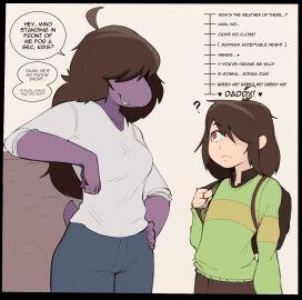 1boy anthro backpack bag bigger_female brown_hair clothed clothed_female clothed_male clothing confused deltarune demidoggo dialog dialogue english english_text female female_anthro green_sweater hair_over_eyes hair_over_one_eye height_difference horny horny_female human human_male human_on_anthro kris_(deltarune) light-skinned_male light_skin long_hair male male/female male_human monster monster_girl oblivious one_eye_covered pale_skin purple_skin red_eyes ruler scalie scalie_female scalie_humanoid short_male shorter_male size_difference smaller_male susie_(deltarune) tail taller_female text undertale_(series) whitewashed
