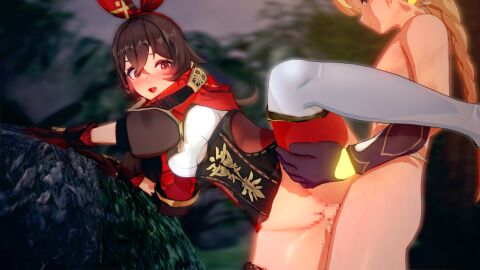 1boy 1girls 3d aether_(genshin_impact) amber_(genshin_impact) artist_request censored clothed female genshin_impact koikatsu male mihoyo mosaic_censoring pleasure_face sex straight