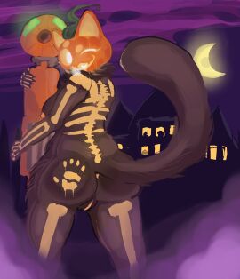 absurd_res anthro anus ass black_body black_fur breasts domestic_cat epic_games felid feline felis female fog for_a_head fortnite fortnite:_battle_royale fur furociousarts genitals glowing hi_res humanoid mammal nipples object_head painted_background painted_fur pumpkin_head simple_background solo spice_(fortnite) tail vulva