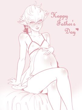 1girls alisaie_leveilleur babydoll blush breasts earrings elf elf_ears elf_female elf_girl female final_fantasy final_fantasy_xiv hair hair_covering_eye hair_ornament kyder lingerie lingerie_only monochrome negligee nipples nipples_visible_through_clothing ponytail pregnant pregnant_belly pregnant_female sitting sitting_on_bed small_breasts smile solo solo_female solo_focus text