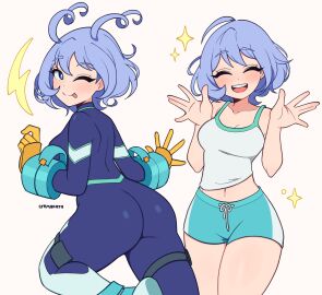 1girls ;p absurdres ahoge aqua_shorts artist_name ass bare_arms bare_shoulders blue-haired_female blue_bodysuit blue_eyes blue_hair blue_shorts blush bodysuit boku_no_hero_academia breasts closed_eyes commentary cowboy_shot cremanata dolphin_shorts drawstring english_commentary facing_viewer female gloves hair_between_eyes hair_horns hands_up hero_outfit_(mha) highres legs_together light_blue_hair looking_at_viewer medium_breasts midriff_peek multiple_views my_hero_academia navel nejire_hado one_eye_closed open_mouth png pouch short_hair shorts simple_background skin_tight smile sparkle standing superhero_costume tank_top teeth thick_thighs thigh_pouch thigh_strap thighs tongue tongue_out upper_teeth waving_arms white_background white_tank_top yellow_gloves