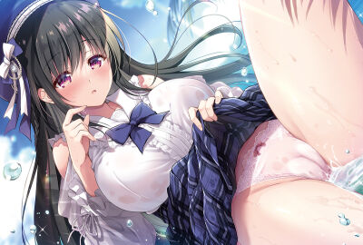 black_hair blue_bow blue_skirt blush bow breasts cameltoe center_frills clothes_lift clothing_cutout female frills hairband large_breasts leg_up lifting_own_clothes long_hair ocean original panties parted_lips plaid_clothes plaid_skirt purple_eyes pussy shirt shoulder_cutout skirt skirt_lift suzui_narumi underwear water wet wet_clothes wet_panties wet_shirt