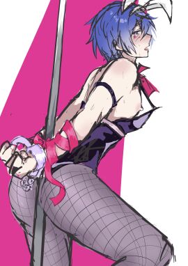 1boy blush bunny_ears bunnysuit crossdressing femboy fishnets handcuffs headband kaito_(vocaloid) male rabbit_hole_(deco*27/caststation) rabbit_hole_(vocaloid) restrained revealing_clothes solo_male stripper_pole tied_hands vocaloid