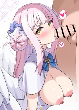 1boy 1girls angel_wings bar_censor blue_archive blue_bow blue_bowtie bow bowtie breasts breasts_out capelet censored clothed_female_nude_male feathered_wings fellatio female green_eyes hair_bun halo heart highres kibihimi light-skinned_female light-skinned_male light_skin long_hair looking_at_viewer low_wings male mika_(blue_archive) nipples nude oral pink_hair pink_halo saliva_drip single_side_bun spoken_heart straight tea_party_(blue_archive) trinity_general_school_student white_capelet white_wings wings