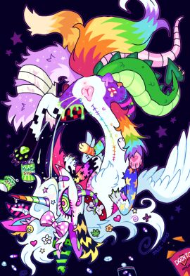 2025 4_toes 6_legs ambiguous_gender animal_genitalia animal_vulva anus bag bandage bandaged_tail blue_body blue_eyes blue_fur bodily_fluids can canid canine canine_genitalia canine_vulva chatoyancy chest_tuft chimera claws collar colorful_theme container coontail_hair digital_drawing_(artwork) digital_media_(artwork) doritos drugs ear_piercing eyelashes feathered_wings feathers feet female female_feral feral flower frito-lay fungus fur furgonomics furry-specific_piercing genital_fluids genitals green_body green_ears green_fur green_pawpads green_scales green_tongue hair hi_res horn mammal markings mountain_dew multicolored_eyes multicolored_horn multicolored_tail multicolored_tongue mushroom mythological_creature mythology nosebleed open_mouth open_smile orange_body orange_fur pawpads paws peeing peeing_on_self piercing pink_anus pink_bow pink_ears pink_feet pink_nose pink_paws pink_pupils pink_tail pink_vulva plant polka_dot_bow pupils purple_body purple_fur purple_sclera purple_tail purple_tongue rainbow_horn rainbow_nipples rainbow_tail rainbow_urine rat_tail red_body red_claws red_collar red_fur scales scaly_tail scraps_(chatoyancy) seam_(sewing) sewn_belly sewn_legs sharp_teeth smile smiley_face solo sparklefur spiked_tail spikes spikes_(anatomy) star star_(marking) striped_tongue tail tail_piercing teeth toes tongue tongue_out tuft two_tone_tongue unicorn_horn urine urine_on_self vulva watersports white_body white_fur white_hair white_wings wings x_anus yellow_body yellow_eyes yellow_fur