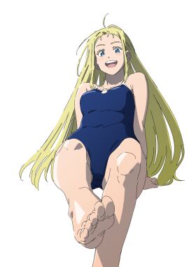 1girls barefoot blonde_hair blue_eyes blue_one-piece_swimsuit breasts cameltoe colored_eyelashes eyelashes feet female female_only foot_fetish foot_focus happy invisible_chair jinou_rakugaki knees kofune_ushio long_hair looking_at_viewer looking_down necklace one-piece_swimsuit open_mouth pussy school_swimsuit simple_background sitting smile soles solo solo_female summertime_render swimsuit teenage_female teenager teeth toes tongue upper_teeth very_long_hair white_background worm's-eye_view young young_female