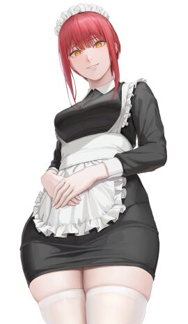 alternate_costume ano_(gccx8784) apron bangs black_dress breasts chainsaw_man collared_dress female female_only fully_clothed looking_at_viewer maid maid_uniform makima_(chainsaw_man) red-haired_female red_hair ringed_eyes sidelocks smiling squish standing stockings thighhighs thighs uniform yellow_eyes