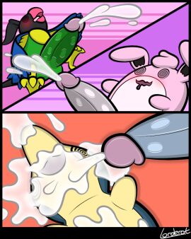 2022 3_panel_comic anthro anthro_on_anthro black_body black_border blue_body blue_fur blue_penis blush bodily_fluids border carpet chatot chatot_(eotds) circumcised cum cum_in_mouth cum_inside cum_on_body cum_on_chest cum_on_face cumshot cyndaquil ejaculation feet foursome fur generation_1_pokemon generation_2_pokemon generation_3_pokemon generation_4_pokemon genital_fluids genitals glans green_body group group_sex guildmaster_wigglytuff head_back high-angle_view horizontal_blockage humanoid_genitalia humanoid_penis looking_pleasured lorderat lying male male/male mudkip multicolored_body multicolored_fur nintendo on_back orgasm_face penis pink_body pink_fur pink_glans pink_penis pokemon pokemon_(species) pokemon_mystery_dungeon saliva saliva_on_penis sex signature small_but_hung spike_chunsoft spiral_eyes two-tone_body two-tone_fur wigglytuff yellow_body yellow_fur