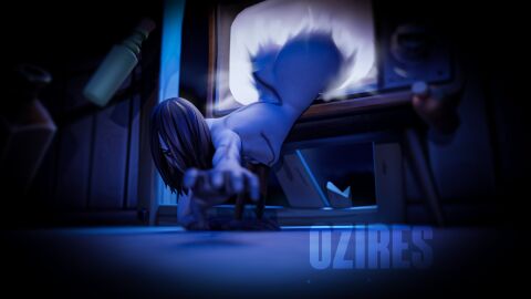 1girls 3d ass ass_up black_hair blender breasts coming_out_of_tv completely_nude epic_games face_down_ass_up female female_focus female_only fortnite fortnite:_battle_royale fortnite:_save_the_world ghost ghost_girl grey_body grey_skin hi_res highres looking_at_viewer nude nude_female oziresnsfw room small_breasts solo solo_focus television tv tv_screen watermark willow_(fortnite)