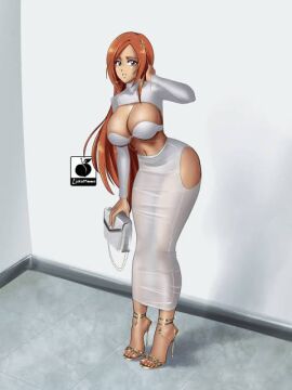anklet big_breasts bleach boob_window breasts cleavage female female_only fully_clothed handbag headband high_heels hoop_earrings inoue_orihime linkartoon long_skirt low_res orange_hair revealing_clothes solo solo_female stiletto_heels very_high_heels