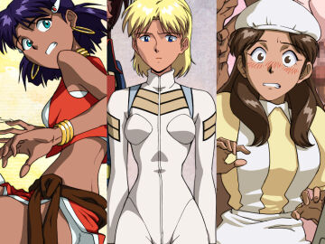 3boys 3girls apron arm_support bandeau bare_back bare_shoulders belt blonde_hair blue_eyes blush bob_cut bodysuit breasts brown_belt brown_eyes brown_hair brown_sash canvas_texture censored clenched_teeth commentary constricted_pupils cropped_vest dark-skinned_female dark-skinned_male dark_skin dress earrings electra_(nadia) embarrassed female from_above fushigi_no_umi_no_nadia gold_bracelet gold_earrings green_eyes hair_ornament hair_over_shoulder hairclip hat hoop_earrings ikolina jewelry langerhans_2016 large_breasts long_hair long_sleeves looking_at_viewer looking_down lying male medium_breasts military_uniform mosaic_censoring multiple_boys multiple_females multiple_girls multiple_males muscular muscular_male nadia_la_arwall neck_ring nemo_(nadia) nose_blush on_side open_clothes open_vest panties pantyshot pelvic_curtain penis pilot_suit pink_background promotional_art puffy_short_sleeves puffy_sleeves purple_background reaching reaching_towards_viewer red_vest scared short_hair short_sleeves sitting sleeveless small_breasts standing surprised teeth underwear uniform vest white_apron white_bandeau white_bodysuit white_hat white_panties yellow_background yellow_dress yokozuwari