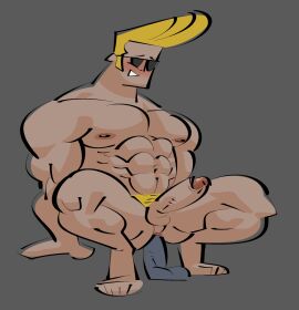 abs balls bara blush boner dildo dildo_in_ass dildo_sitting dildoeing erection johnny_bravo johnny_bravo_(series) male male_only muscles muscular muscular_male nipples nude pecs pectorals penis posduroo pubes pubic_hair solo solo_male sunglasses yaoi