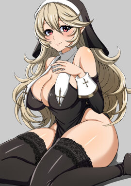 1girls breasts corrin_(fire_emblem) corrin_(fire_emblem)_(female) female fire_emblem fire_emblem_fates goma_tarata grey_hair large_breasts looking_at_viewer nintendo nun nun_outfit pointy_ears red_eyes smile thick_thighs thighs