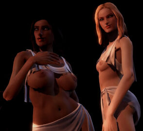 2girls 3d aphrodite's_handmaiden aphrodite_servants_(god_of_war_3) areolae aroused black_background black_hair black_skin blonde_hair breasts breasts_out brown_eyes curvy_female dimly_lit female god_of_war god_of_war_3 greek_mythology highres large_breasts light_reflection screenshot sex_servants slim_waist small_breasts video_game white_skin