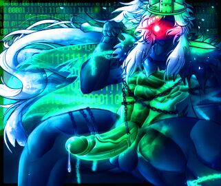 1boy 1x1x1x1 1x1x1x1_(forsaken) balls bara betrayed_1x1x1x1 binary_code black_body chains fe7r8iode forsaken_(roblox) glowing glowing_background glowing_eyes glowing_penis green_body holding_object long_hair male male_only muscular muscular_male penis precum precum_drip red_eyes roblox roblox_game robloxian scarf self_upload sword white_hair yaoi