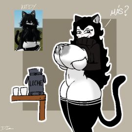 1girls areolae big_breasts black_clothing breasts cat_girl catgirl dibuinsano_(artist) female katdy_(dibuinsano) lactating lactation milk nipples reference_image roblox roblox_avatar robloxian simple_background solo spanish_text standing sweater tagme thighhighs thighs