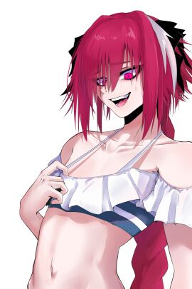 1boy astolfo_(fate) blush braid crossdressing cute doll_dol1 fate_(series) femboy girly long_hair looking_pleasured male male_focus male_only open_mouth pink_hair smile solo swimsuit topwear tummy white_background