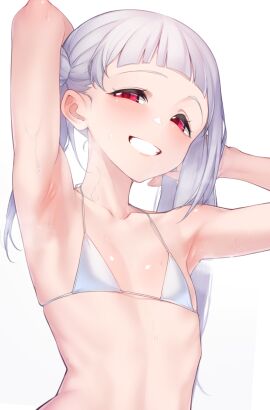 arashi_chisato armpit_focus armpits arms_up bare_arms bare_shoulders bikini blush collarbone double_bun flat_chest hair_bun long_hair love_live! love_live!_superstar!! nasuno_(nasuno42) parted_lips red_eyes smile twintails upper_body white_bikini white_hair