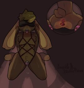 alex_amber anal_plug anthro blindfold bodily_fluids bondage bound brown_body brown_fur buttplug chastity_cage chastity_device fur gag genital_fluids hi_res kneeling lagomorph leaking_precum leporid long_ears male male/male mammal plug_(sex_toy) precum rabbit restrained restraints ring_gag rope rope_bondage sex_toy shadow solo solo_focus sonofan tagme tongue tongue_out