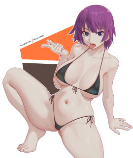 1girls absurdres barefoot bikini black_background black_bikini blue_eyes breasts collarbone female highres large_breasts looking_at_viewer melowh monogatari_(series) navel open_mouth orange_background patreon_username purple_hair senjougahara_hitagi short_hair side-tie_bikini_bottom solo squatting swimsuit teeth toes tongue tongue_out upper_teeth_only white_background