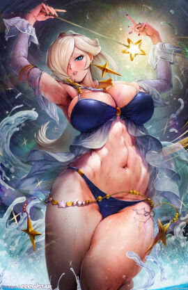 bikini blonde_hair blue_eyes breasts cleavage cutepet earrings female female_focus hair_over_one_eye highres jewelry large_breasts long_hair looking_at_viewer mario_(series) nail_polish navel nintendo princess_rosalina ring rosalina solo star_(symbol) super_mario_galaxy swimsuit wand wet