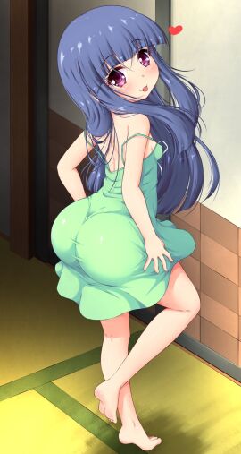 big_butt blue_hair butt dumptruck_butt female furude_rika green_dress higurashi_no_naku_koro_ni huge_butt large_butt nice_butt tongue tongue_out