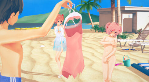 1boy 2girls ass ass_exposed beach blush blushed_face blushing_female breasts breasts_exposed breasts_out cfnf clothed_female_nude_female clothed_male_nude_female cmnf covering_breasts covering_crotch doki_doki_literature_club embarrassed_female embarrassed_naked_female embarrassed_nude_female enf female female_focus female_human hairclip human humiliation koikatsu male mc_(doki_doki_literature_club!) multiple_females multiple_girls naked naked_female natsuki_(doki_doki_literature_club) nipples no_bra no_panties no_pants no_shirt no_skirt no_underwear nude nudity ocean pussy pussy_exposed ripped_clothing ripped_swimsuit sand sayori_(doki_doki_literature_club) tits_out vagina wardrobe_malfunction