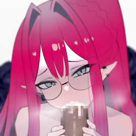 1boy absurdres baobhan_sith_(fate) baobhan_sith_(swimsuit_pretender)_(fate) baobhan_sith_(swimsuit_pretender)_(second_ascension)_(fate) bingzhi_juzi blush censored close-up cum cum_in_mouth ear_piercing earrings fate/grand_order fate_(series) fellatio female glasses grey_eyes highres jewelry long_hair looking_at_viewer male mosaic_censoring nude oral penis piercing pink_hair pointy_ears revision round_eyewear sidelocks upper_body white_background