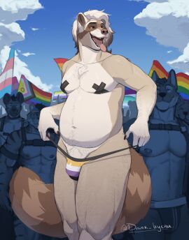 2025 5_fingers abs absurd_res anthro arm_hair artist_name athletic athletic_anthro athletic_male background_crowd body_hair bottomwear brown_body brown_claws brown_eyes brown_fur brown_hair brown_markings brown_nose bulge canid canine canis chest_tuft claws closed_smile clothed clothing clothing_pull cloud collar crowd crowded digital_media_(artwork) drank_hyena fangs felid fingers fur gay genitals gloves_(marking) group hair hairy hairy_legs harness hi_res highlights_(coloring) homosexual hyena jockstrap jockstrap_only lgbt_pride looking_at_viewer looking_away male mammal markings mouth_closed muscular muscular_anthro muscular_male nipples nonbinary_pride_colors open_mouth open_smile outside pantherine pasties pride_color_clothing pride_colors procyonid public raccoon rainbow_flag rainbow_pride_flag rainbow_symbol scraps_manor signature skimpy sky slightly_chubby slightly_chubby_anthro slightly_chubby_male smile smiling_at_another smiling_at_viewer straps stripes tail tan_body tan_ears tan_fur tan_hair teeth text thong tiger tongue tongue_out topless transgender_pride_colors tuft underwear underwear_only underwear_pull wolf