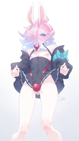 1boy black_dress blue_eyes blue_hair bulge bunny_ears cropped_legs crown_braid dress femboy femboy_only hair_over_one_eye jacket lunecifer male male_only original pink_hair skinny skinny_male skirt_lift solo_femboy standing