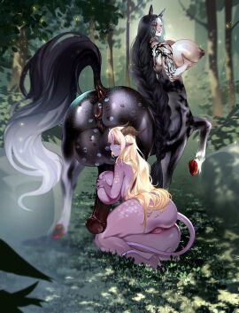 artist_(pashet) ball_worship bat_wings black_hair black_horse blonde_hair braided_hair braided_ponytail brown_skin centaur centaur_futa cock_worship collaborative_fellatio curvaceous curvy curvy_female curvy_figure diplomacyraptor diplomacyraptor_oc equine_genitalia equine_penis fluffy_ears fluffy_tail glasses horns horse_ears horse_penis horse_tail horse_taur horsecock implied_fellatio implied_oral implied_rimming large_ass large_breasts large_tail licking licking_balls licking_penis lipstick lipstick_mark lipstick_on_balls lipstick_on_penis long_hair manticore muscular muscular_futa nyx_(diplomacyraptor) purple_skin red_hooves silver_hair stripes tail tan_skin tattoo tattooed_arm tattoos tiefling tiefling_girl wilderness wings woods
