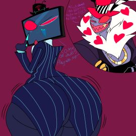 2024 2boys alternate_ass_size antennae arthropod arthropod_humanoid ass ass_bigger_than_head ass_focus ass_jiggle ass_shake back_view backside basic_background black_hat blue_bottomwear blue_eyes blue_pants blue_teeth blue_topwear bottomwear bowtie bubble_ass bubble_butt clapping_ass clapping_cheeks claws clothed cussing daddy_kink demon demon_boy demon_humanoid digital_drawing_(artwork) digital_media_(artwork) english_text fat_ass fat_butt feathered_hat fully_clothed fully_clothed_male fur gold_(metal) gold_jewelry gold_necklace gold_tooth goofy_ahh hat hazbin_hotel headgear headwear huge_ass huge_butt humanoid humanoid_only imminent_sex inviting inviting_to_sex jewelry jiggling_ass jiggling_butt male male_focus male_only mind_reading moth moth_boy moth_demon necklace neckwear no_humans non-human object_head pink_background purple_body purple_skin rear_view red_bowtie red_hat red_neckwear red_sclera shaking_ass shaking_butt simple_background speech_bubble striped_clothing striped_topwear teasing television thick_ass thick_butt thick_legs thick_thighs thighs thought_bubble top_hat topwear tv tv_head valentino_(hazbin_hotel) vivienne_medrano vox_(hazbin_hotel) wiggle_lines
