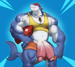 anthro backwards_hat big_breasts big_penis breasts clothed clothing digital_media_(artwork) diphallia diphallism duo epic_games eyewear fish fortnite fortnite23074 genitals hat headgear headwear humanoid mafekoba male male_only marine multi_genitalia multi_penis muscular muscular_anthro muscular_male nipples nude pecs penis safety_first_steve shark smile solo sunglasses swimwear teeth