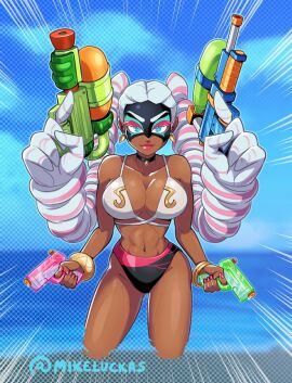 abs arms_(game) bikini black_bikini blue_eyes breasts cleavage closed_mouth dark-skinned_female dark_skin earrings female floating_earrings grey_hair holding holding_water_gun jewelry large_breasts long_hair looking_at_viewer mike_luckas multicolored_hair navel nintendo pink_hair pink_lips pink_nails smile solo swimsuit twintelle twintelle_(arms) water_gun white_bikini