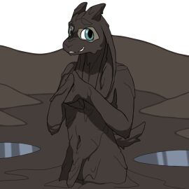 1boy 2d anthro anthro_only blue_eyes bovid caprine color cyrus_mackenzie dirty femboy fur genitals goat green_eyes grey_body grey_fur grin hand_on_hand hi_res horn long_ears looking_at_viewer male male_only mammal mud mud_covered muddy navel original original_character partially_submerged penis perrygoat puddle smile solo wam