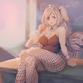 2023 artist_request bird_wings breasts bunny_ears bunnysuit burger chalkboard chubby chubby_female cleavage eyepatch female fishnets food large_breasts long_hair looking_at_viewer looking_to_the_side nina_aquila nina_aquila_legal_eagle red_eyes sitting sunlight tagme_(artist) tanuki-sama_studios thick_thighs thighs white_hair wings year_of_the_rabbit