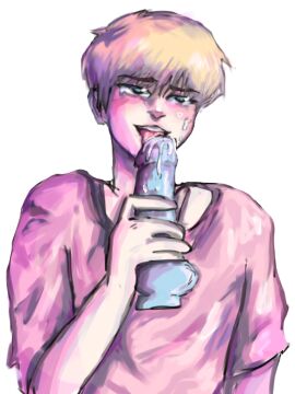 blonde_hair blue_eyes digital_media_(artwork) dildo gay licking looking_pleasured male male_only oc open_mouth original_character pink_shirt tongue tongue_out twink