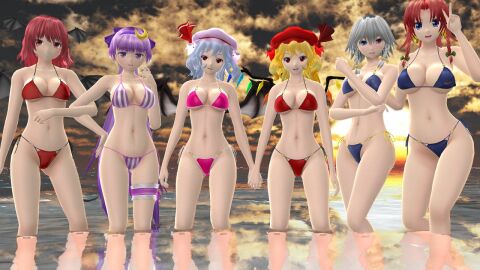 2023 3d 6girls bikini blonde-haired_female blue_bikini blue_eyes clouds cresent_moon crystal_wings demon embodiment_of_scarlet_devil female flandre_scarlet green_bowtie group_focus hati_yukkuri_mmd headband heterochromia holding holding_another holding_arms holding_hands hong_meiling human koakuma light-skinned_female light_blue_hair light_skin long-haired_female looking_at_viewer mmd mob_cap patchouli_knowledge peace_sign pink_bikini purple-haired_female purple_eyes red-haired_female red_bikini red_eyes red_ribbon remilia_scarlet sakuya_izayoi sea short-haired_female sisters sky smiling_at_viewer striped_bikini succubus sunset swimsuit touhou vampire vampire_girl water white-haired_female wings wings_on_head yellow_bowtie youkai