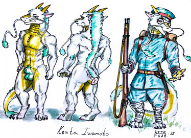 abs animal_genitalia anthro anxiousboar backpack balls clothing dragon eastern_dragon eyewear genitals glasses gun hi_res horn imperial infantry japan japanese kobold male military mythological_creature mythological_scalie mythology nude ranged_weapon rifle scalie sheath solo solo_focus uniform weapon