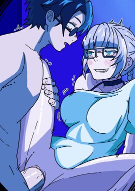 1boy 1girls adult adult_and_teenager age_difference apoelayoshi7 bangs big_breasts braid braided_hair breasts call_of_the_night collar completely_nude_female completely_nude_male fang fangs female glasses hand_on_hip male missionary_position nanakusa_nazuna older_female older_female_and_younger_male partially_clothed penis round_glasses teenage_male teenager vampire vampire_girl veiny veiny_penis white_hair white_shirt yamori_kou yofukashi_no_uta younger_male younger_penetrating_older