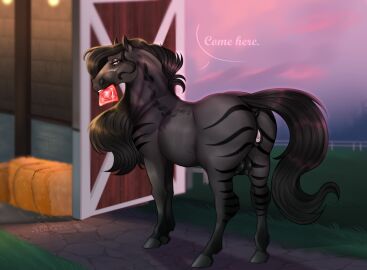 animal_genitalia animal_vulva anus black_mane black_tail condom english_text equid equine equine_anus equine_genitalia equine_vulva eyelashes female female_feral feral gaping gaping_vagina genitals glistening glistening_eyes grass grey_body grey_hooves hay hay_bale hi_res hooves horse huskii-s looking_at_viewer mammal mane narrowed_eyes outside plant sexual_barrier_device solo striped_legs tail teats teeth text unused_condom vulva wrapped_condom