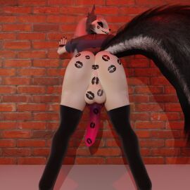 3d_(artwork) against_surface against_wall animal_genitalia animal_penis anthro anus ass balls blender_(artwork) bottomless canid canid_demon canine canine_genitalia canine_penis clothed clothing demon digital_media_(artwork) fur genitals grey_body grey_fur gynomorph hair hellaverse hellhound helluva_boss hi_res intersex kiss_mark knot knotted_penis legwear lipstick_on_anus lipstick_on_balls lipstick_on_butt lipstick_on_penis looking_at_viewer looking_back looking_back_at_viewer loona_(helluva_boss) mammal mythological_canine mythological_creature mythology penis solo spread_legs spreading stockings tail teknotyk white_body white_fur white_hair