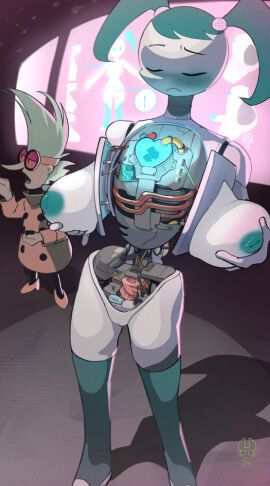 2024 annoyed annoyed_expression artificial_vagina blush breasts closed_eyes embedded_penetrable_sex_toy female holding_breasts holding_own_breasts inverted_nipples jenny_wakeman matchattea mechabare medium_breasts my_life_as_a_teenage_robot nora_wakeman robot robot_girl technophilia xj-9