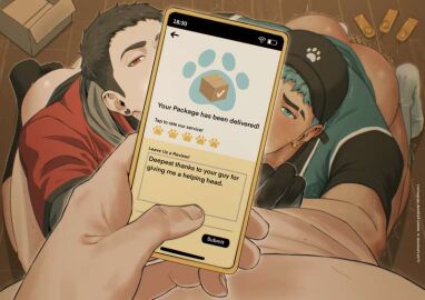 black_hair black_socks bottomless comments delivery_boy delivery_employee doodlefish75 gay gay_male gay_sex gloves hat implied_blowjob implied_oral looking_down male male_only naked naked_male on_knees phone piercing sharing_cock socks threesome vibrator vibrator_in_ass white_socks yaoi